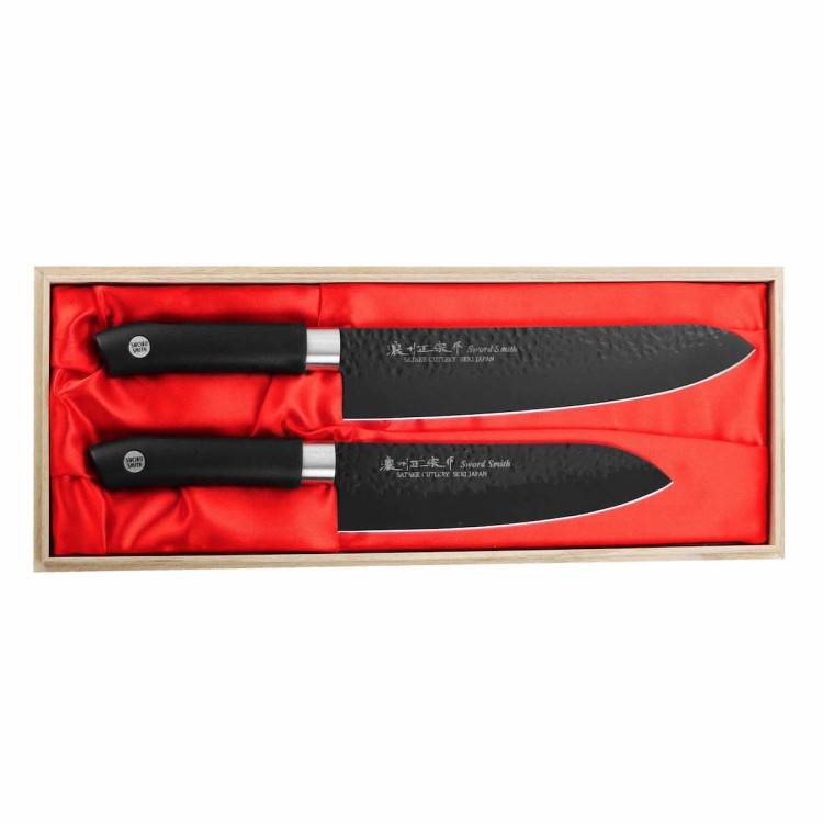Satake Sword Smith Black Japoński Zestaw 2 Noży Nóż Szefa Kuchni 21cm i Santoku 17cm w Drewnianym Etui