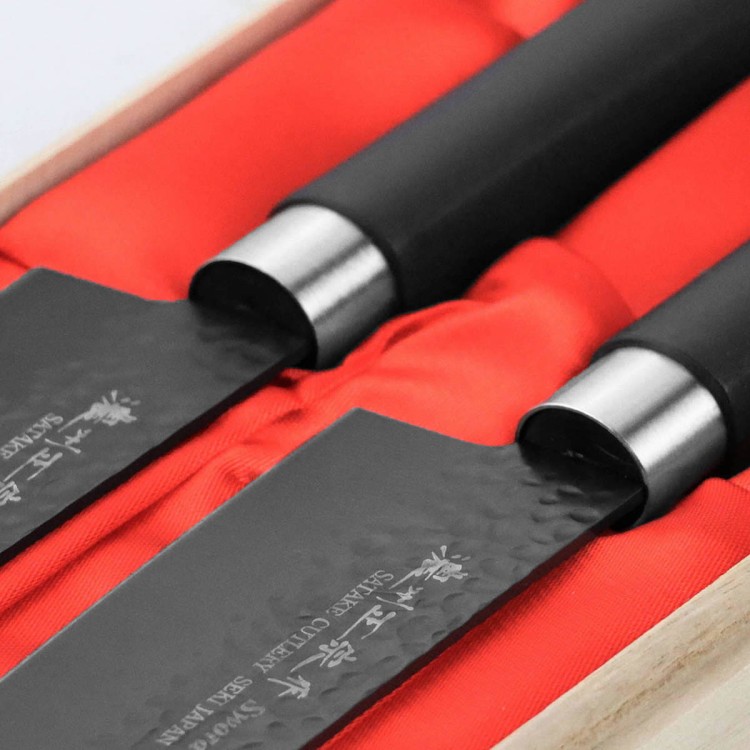 Satake Sword Smith Black Japoński Zestaw 2 Noży Nóż Szefa Kuchni 21cm i Santoku 17cm w Drewnianym Etui