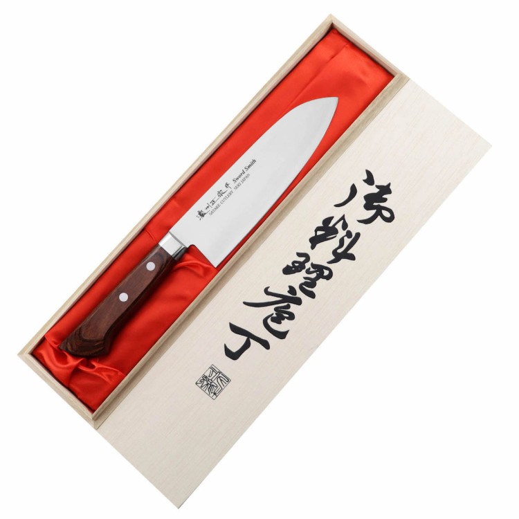 Satake Unique Shirogami Nóż Santoku 17cm w Drewnianym Pudełku