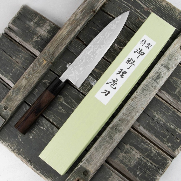 Hideo Kitaoka Shirogami Satin Damascus Nóż Miroshi Deba 21cm