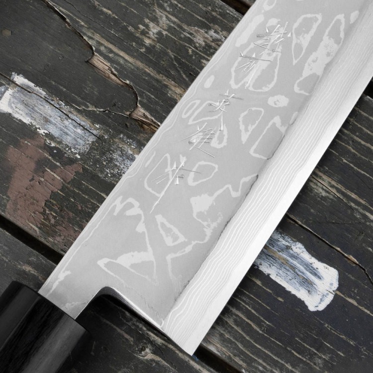 Hideo Kitaoka Shirogami Satin Damascus Nóż Miroshi Deba 21cm