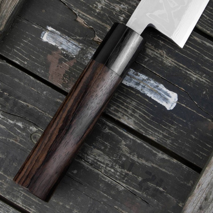Hideo Kitaoka Shirogami Satin Damascus Nóż Miroshi Deba 21cm