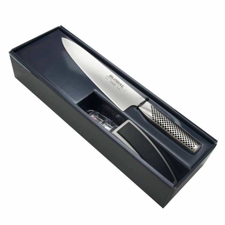 Global Japoński Zestaw Nóż Szefa Kuchni 20cm G-2 i Ostrzałka MinoSharp G-2220GB
