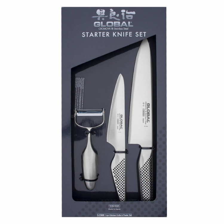 Global Japoński Zestaw 3 Noży Kuchennych Stal Nierdzewna Wysokiej Jakości G-23680