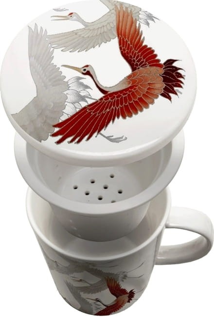 Biały Kubek do Herbaty z Filtrem Ceramicznym Motyw ŻURAW 300ml ROYAL TEA