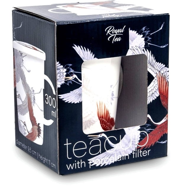 Biały Kubek do Herbaty z Filtrem Ceramicznym Motyw ŻURAW 300ml ROYAL TEA