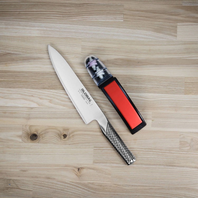 Global Japoński Zestaw Starter Nóż Szefa Kuchni G-2 i Ostrzałka 220/BR