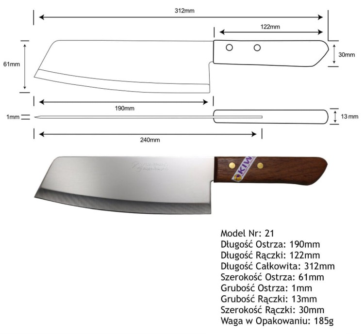 Tajski Nóż Tasak Kucharza Do Wszystkiego Uniwersalny 19cm KIWI