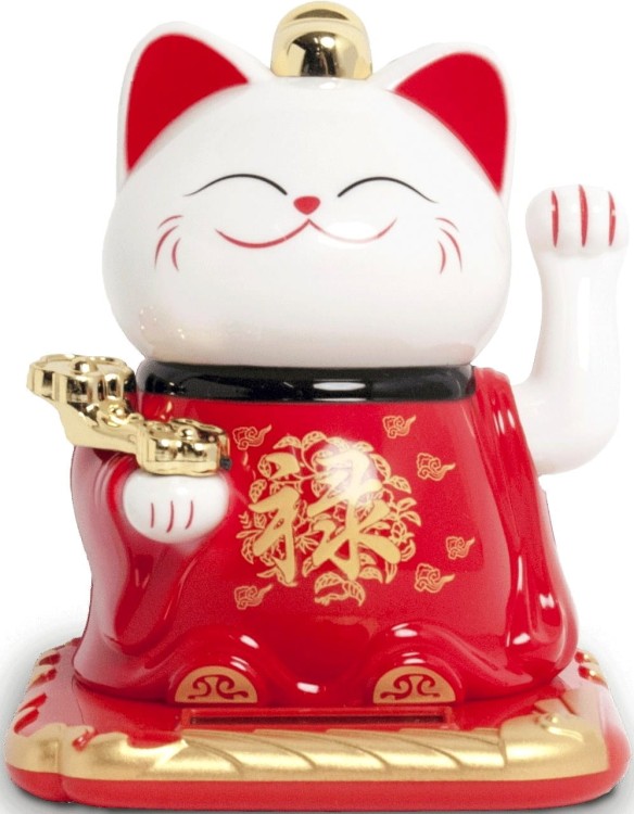 Figurka Solarna Japoński Biało Czerwony Kot Szczęścia LOK Maneki Neko EMRO AZIATICA