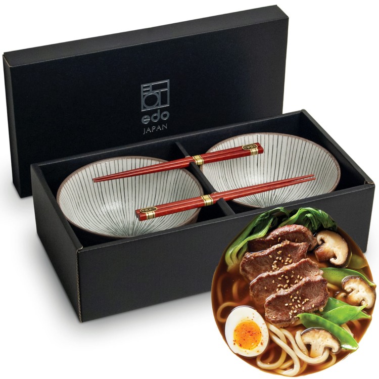 Zestaw Jasnych Misek 17cm Do Udon z Pałeczkami Shima EDO JAPAN