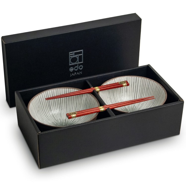 Zestaw Jasnych Misek 17cm Do Udon z Pałeczkami Shima EDO JAPAN