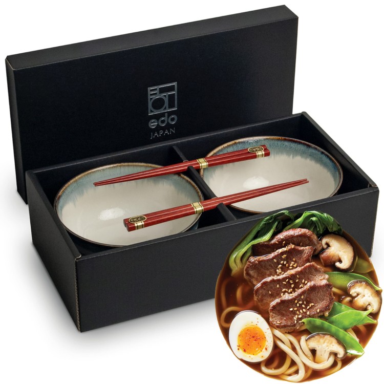 Zestaw Jasnych Misek 17cm Do Udon z Pałeczkami Aurora EDO JAPAN