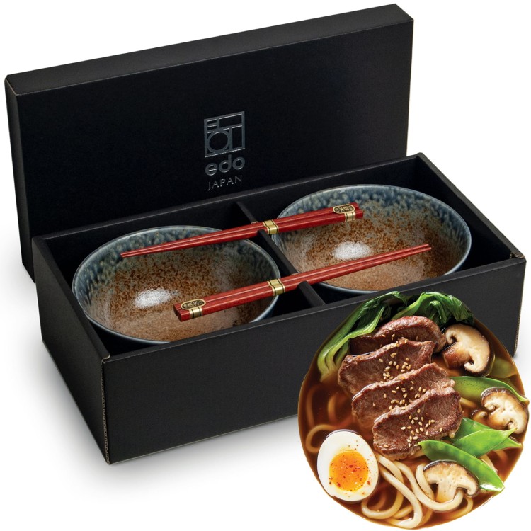 Zestaw Brązowo Niebieskich Misek 17cm Do Udon z Pałeczkami Ki EDO JAPAN
