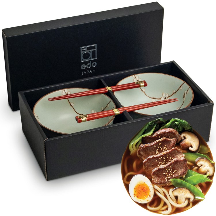 Zestaw Zielonych Misek 17cm Do Udon z Pałeczkami Hana Green EDO JAPAN
