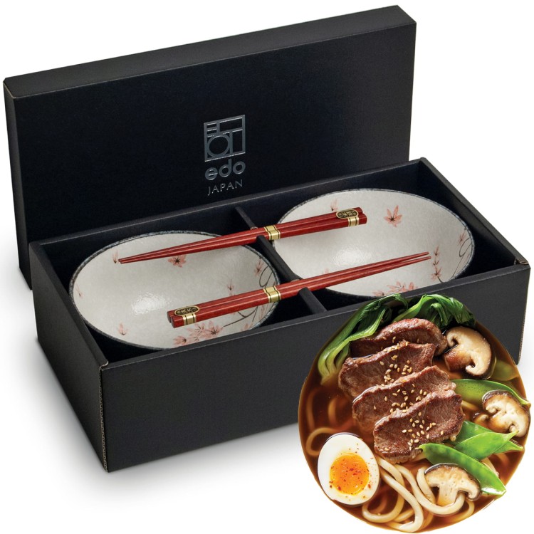 Zestaw Jasnych Misek 17cm Do Udon z Pałeczkami Liść Klonu EDO JAPAN