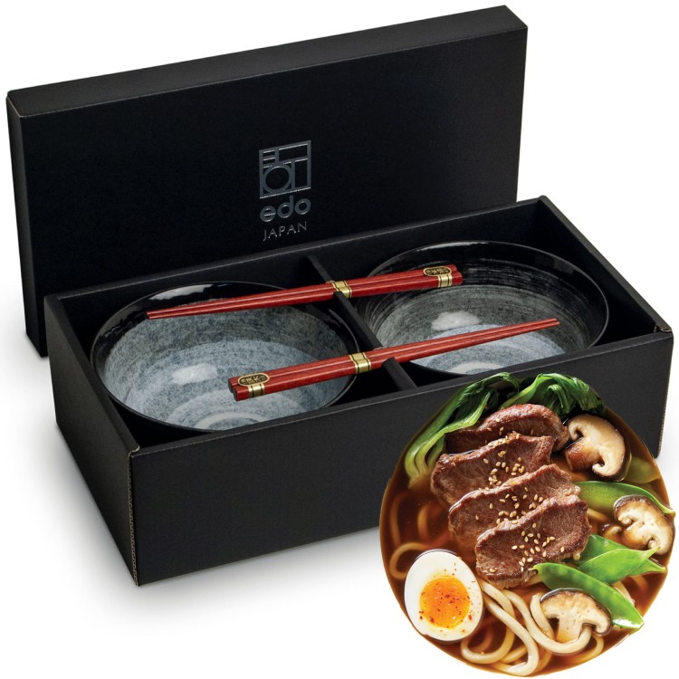 Zestaw Ciemno Szarych Misek 17cm Do Udon z Pałeczkami Kuro EDO JAPAN