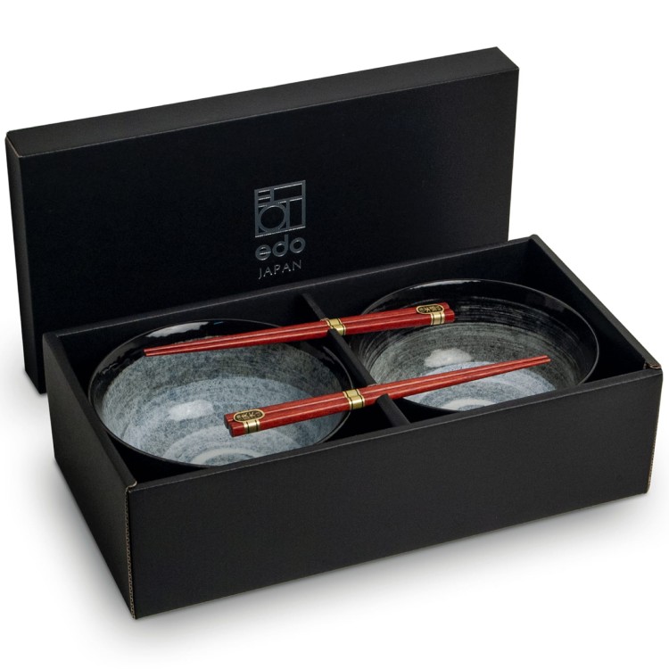 Zestaw Ciemno Szarych Misek 17cm Do Udon z Pałeczkami Kuro EDO JAPAN
