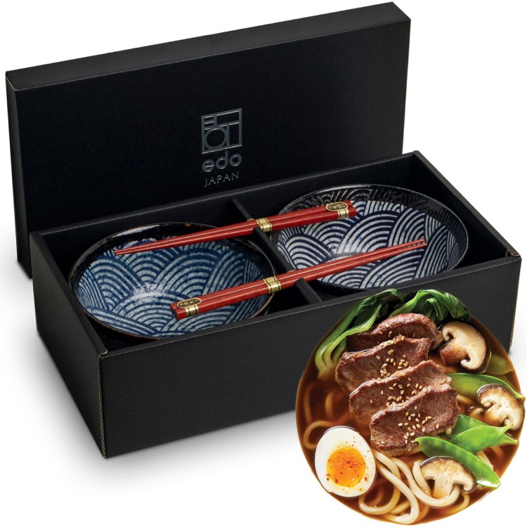 Zestaw Niebieskich Misek 17cm Do Udon z Pałeczkami Japońska Fala EDO JAPAN