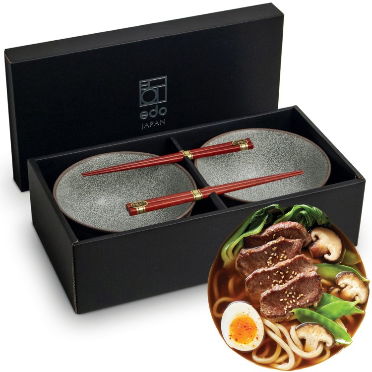 Zestaw Brązowo-Szarych Misek 17cm Do Udon z Pałeczkami Koishi EDO JAPAN