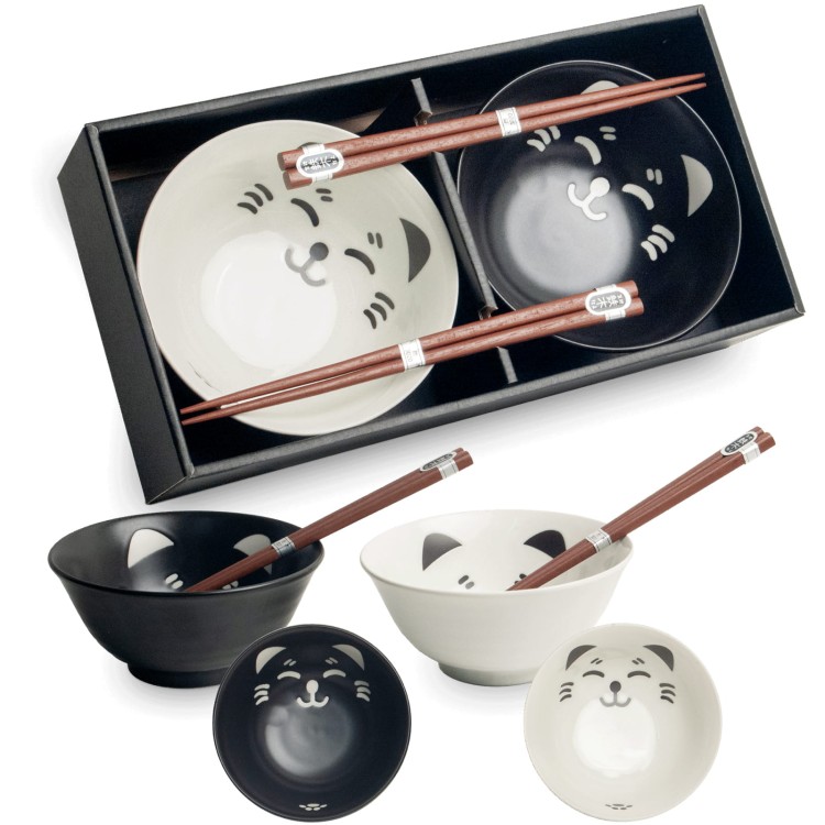 Zestaw Biało-Czarnych Orientalnych Misek 15cm z Pałeczkami Wzór Kotki EDO JAPAN