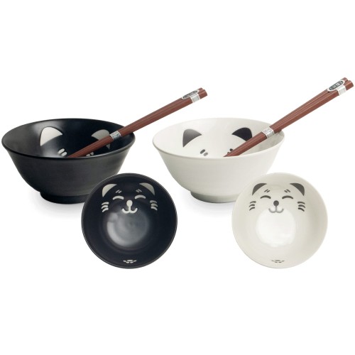 Zestaw Biało-Czarnych Orientalnych Misek 15cm z Pałeczkami Wzór Kotki EDO JAPAN