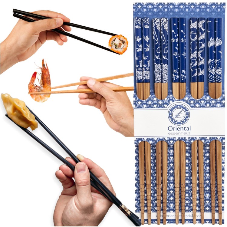 Drewniane Brązowe Pałeczki Różne Niebieskie Kwiaty i Zwierzęta 5 Par 22,5cm ORIENTAL ESSENTIALS