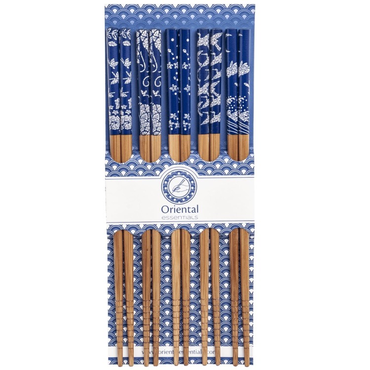 Drewniane Brązowe Pałeczki Różne Niebieskie Kwiaty i Zwierzęta 5 Par 22,5cm ORIENTAL ESSENTIALS