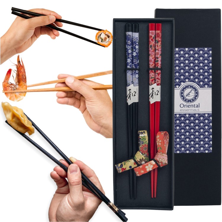 Zestaw Drewnianych Pałeczek w Pudełku z Motywem Kwiat Wiśni 2 Pary 22,5cm ORIENTAL ESSENTIALS