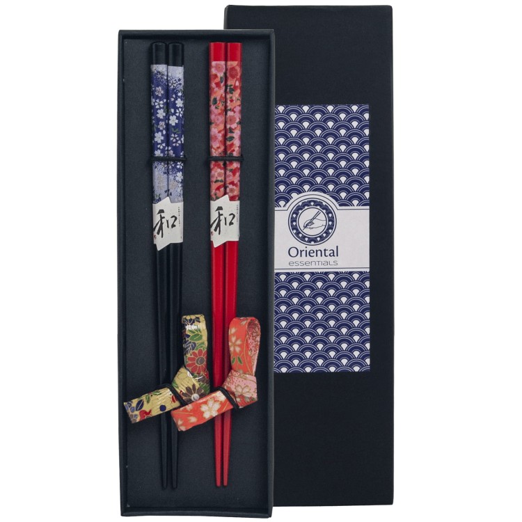 Zestaw Drewnianych Pałeczek w Pudełku z Motywem Kwiat Wiśni 2 Pary 22,5cm ORIENTAL ESSENTIALS