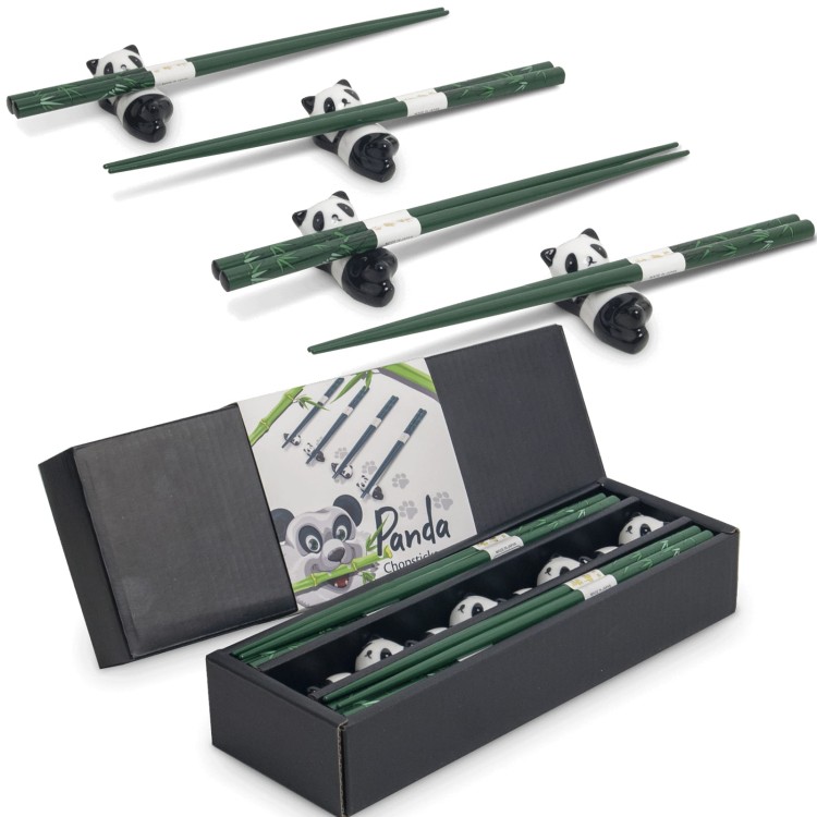 Zestaw Zielonych Japońskich Pałeczek z Podstawką w Pudełku Motyw Panda 4 Pary 22,5cm EMRO AZIATICA
