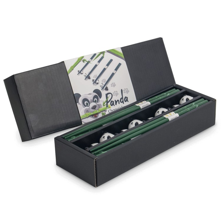 Zestaw Zielonych Japońskich Pałeczek z Podstawką w Pudełku Motyw Panda 4 Pary 22,5cm EMRO AZIATICA