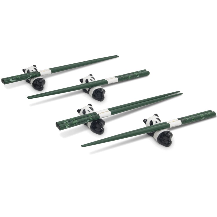 Zestaw Zielonych Japońskich Pałeczek z Podstawką w Pudełku Motyw Panda 4 Pary 22,5cm EMRO AZIATICA