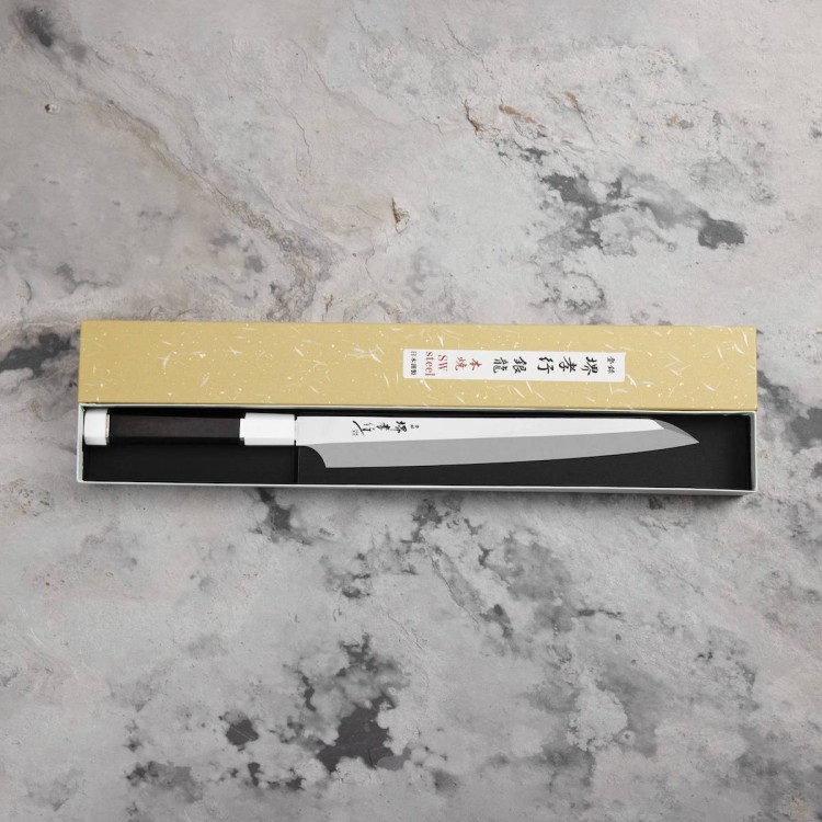 Sakai Takayuki Ginryu Honyaki SW Japoński Nóż Kengata Yanagiba 27 cm