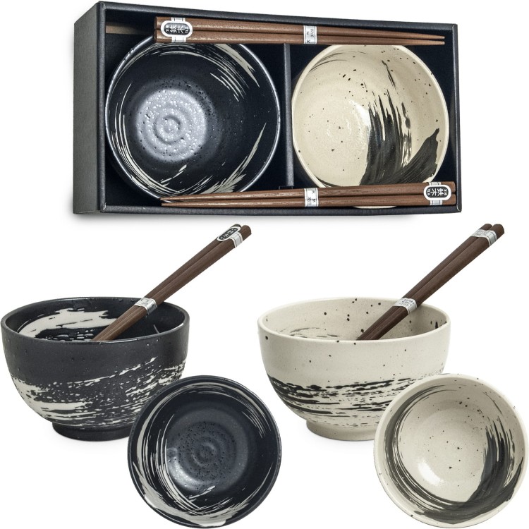 Zestaw Orientalnych Czarno Białych Miseczek 13cm z Pałeczkami EDO JAPAN