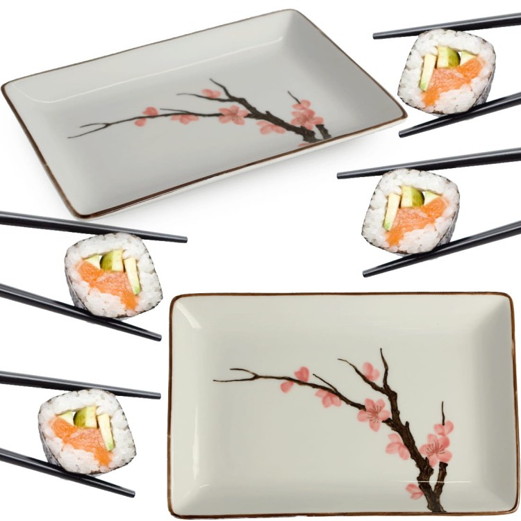 Ceramiczny Biały Talerz Do Serwowania Sushi Kwiaty Sakura 20cm x 13cm EMRO AZIATICA