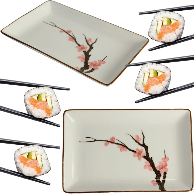 Ceramiczny Biały Talerz Do Serwowania Sushi Kwiaty Sakura 20cm x 13cm EMRO AZIATICA
