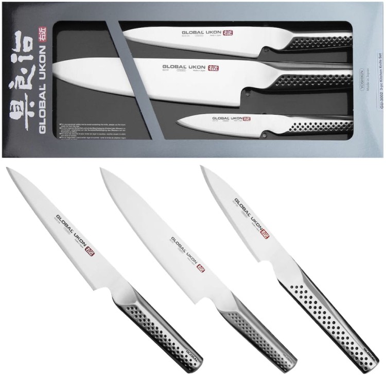 Global Ukon Japoński Zestaw 3 Noży Nóż Szef Kuchni 20cm Nóż Uniwersalny 15cm i Nóż Do Obierania 9cm GU-3002
