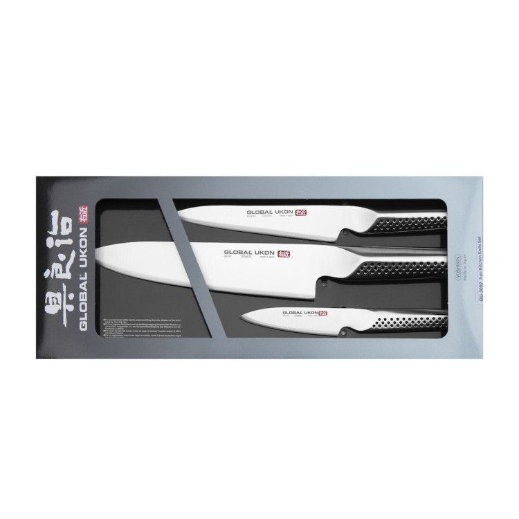 Global Ukon Japoński Zestaw 3 Noży Nóż Szef Kuchni 20cm Nóż Uniwersalny 15cm i Nóż Do Obierania 9cm GU-3002