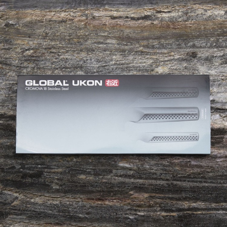 Global Ukon Japoński Zestaw 3 Noży Nóż Szef Kuchni 20cm Nóż Uniwersalny 15cm i Nóż Do Obierania 9cm GU-3002