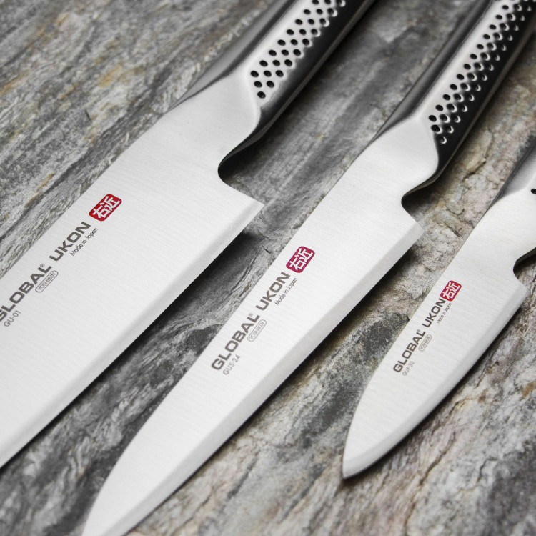 Global Ukon Japoński Zestaw 3 Noży Nóż Szef Kuchni 20cm Nóż Uniwersalny 15cm i Nóż Do Obierania 9cm GU-3002