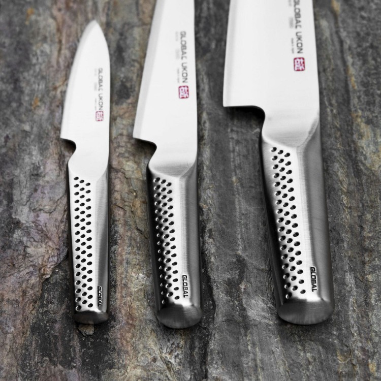 Global Ukon Japoński Zestaw 3 Noży Nóż Szef Kuchni 20cm Nóż Uniwersalny 15cm i Nóż Do Obierania 9cm GU-3002