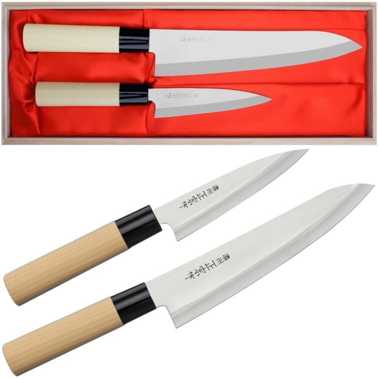 Satake Megumi 420J2 Japoński Zestaw 2 Noży Uniwersalny 12cm i Szefa Kuchni 21cm w Drewnianym Etui