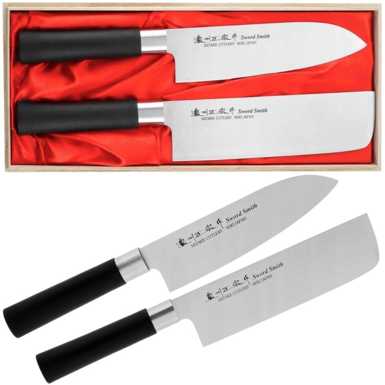 Satake Saku Japoński Zestaw 2 Noży Nóż Santoku 17cm i Nakiri 16cm w Drewnianym Etui