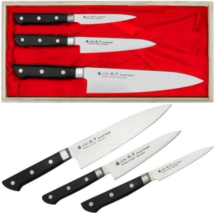 Satake Satoru Japoński Zestaw 3 Noży Kuchennych w Drewnianym Pudełku