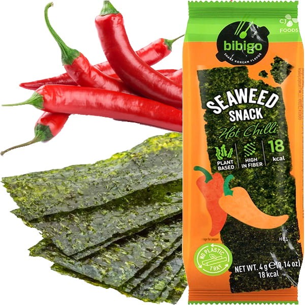 Nori Snacks Koreańska Chrupiąca Przekąska Algi Hot Chilli 4g BIBIGO