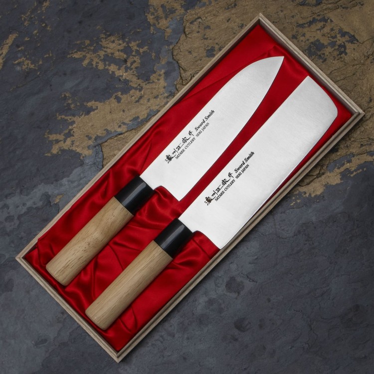 Satake Misaki Japoński Zestaw 2 Noży Nóż Santoku 17cm i Nakiri 16cm