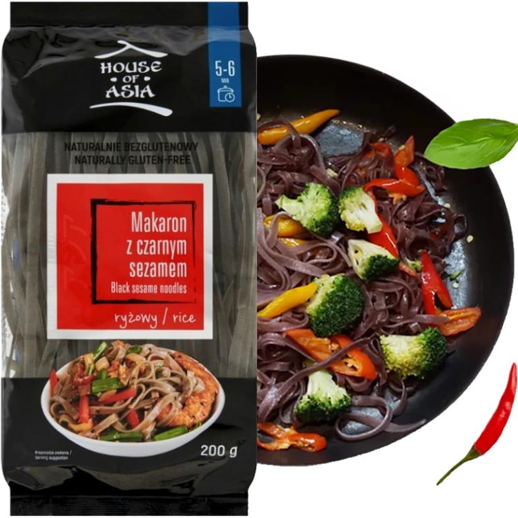 Makaron Ryżowy z Czarnym Sezamem Tasiemki 5mm Bezglutenowy 200g HOUSE OF ASIA