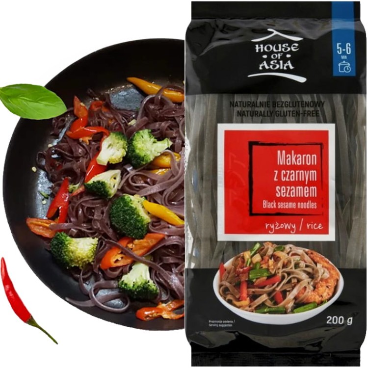 Makaron Ryżowy z Czarnym Sezamem Tasiemki 5mm Bezglutenowy 200g HOUSE OF ASIA