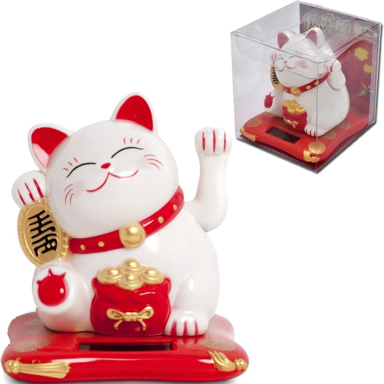 Figurka Solarna Japoński Biały Mały Kot Szczęścia  7,5cm Maneki Neko EMRO AZIATICA
