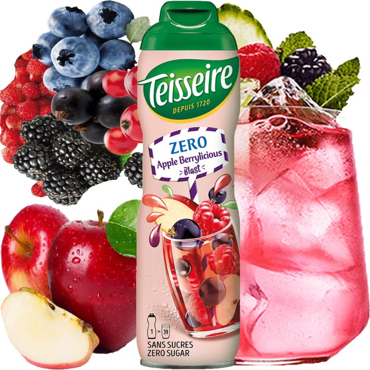 Syrop Koncentrat JABŁKO CZARNA PORZECZKA MALINA Apple Berrylicious Raspberry BEZ CUKRU 600ml TEISSEIRE